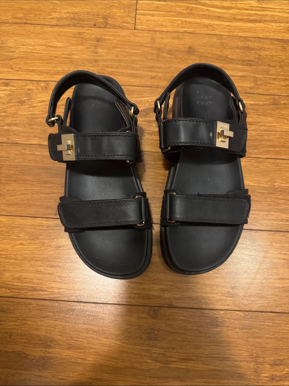 a new day Black Double-Strap Sandals with Gold Accents